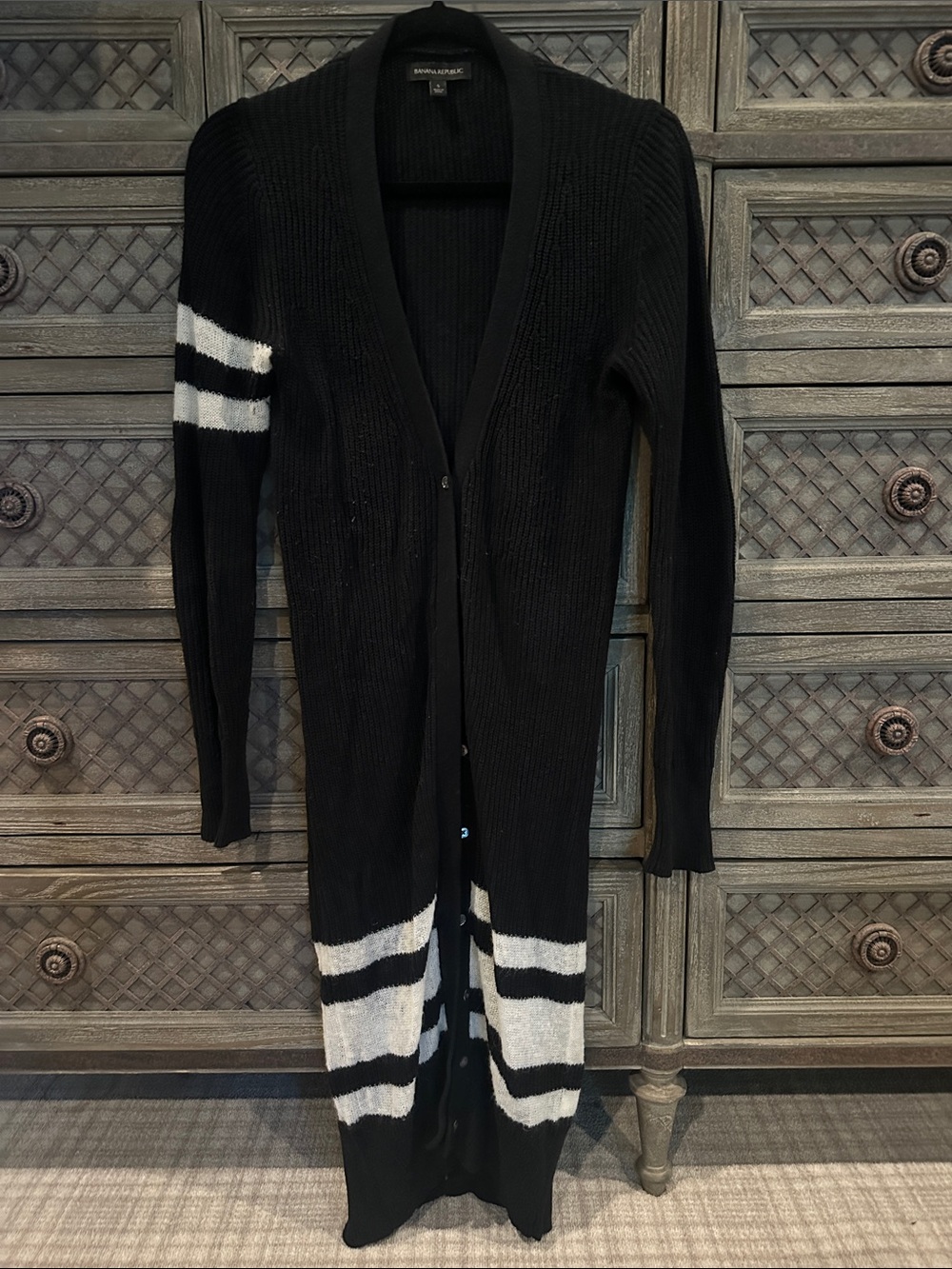 Banana Republic Black Long Ribbed Cardigan with White Stripe Accents